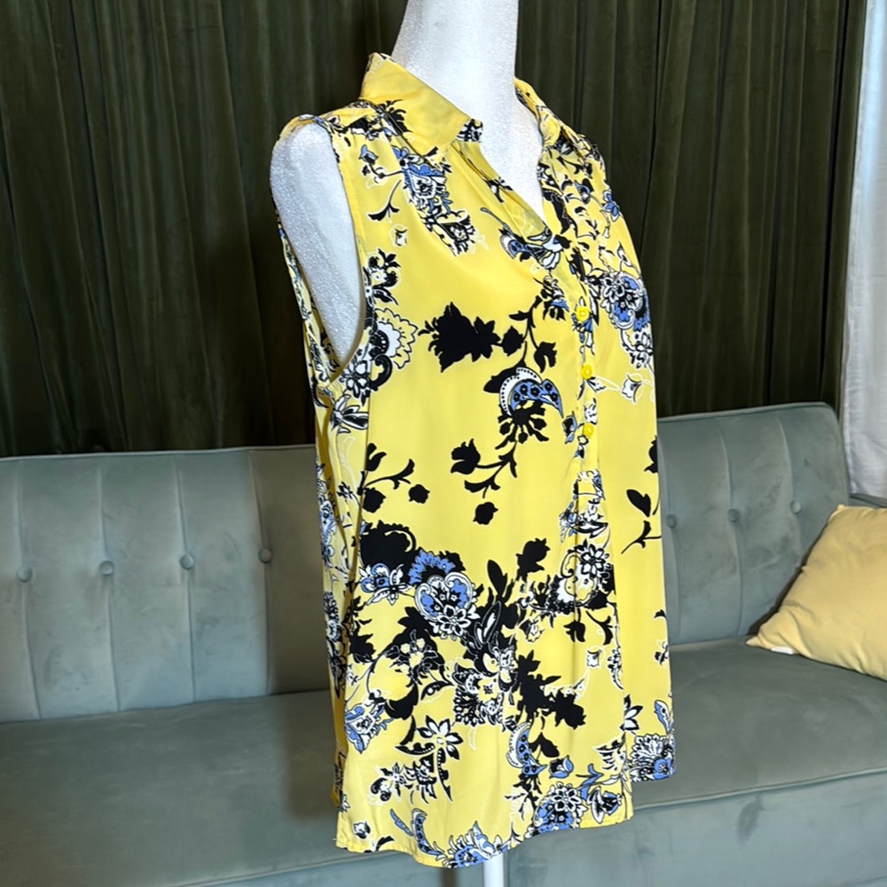 Dana Buchman Vibrant Floral Button Down Shirt Notched Collar Sleeveless - Picture 3 of 5